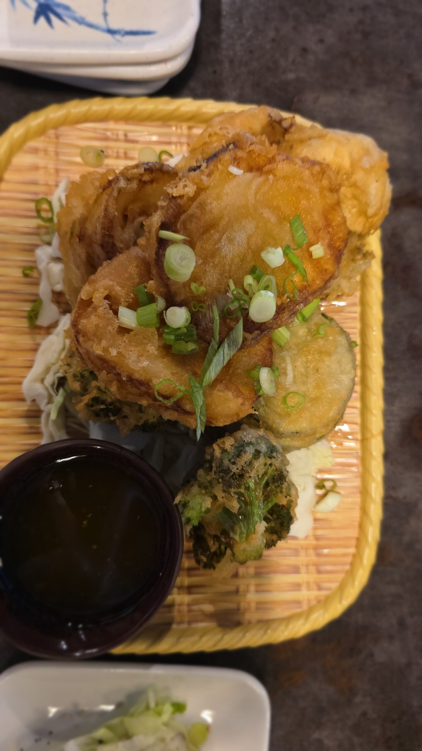 Vegetable tempura with dipping sauce served during our family meal at Sumo Asian Kitchen in Arden NC